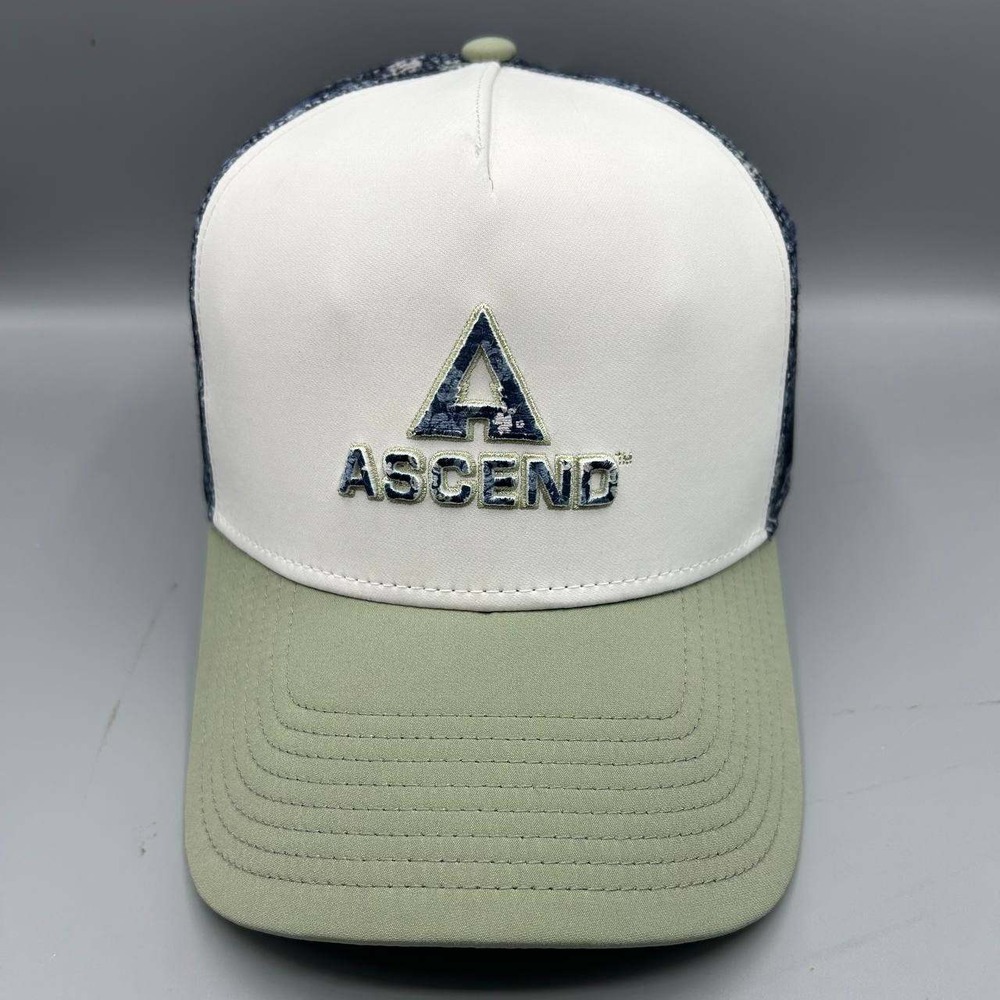 Ascend Trucker Hat Men White Green Floral Embroidered Snap Back Cap New